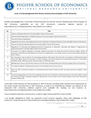 Fillable Online Form of Acknowledgment with Charter and ..Bylaws of HSE ...