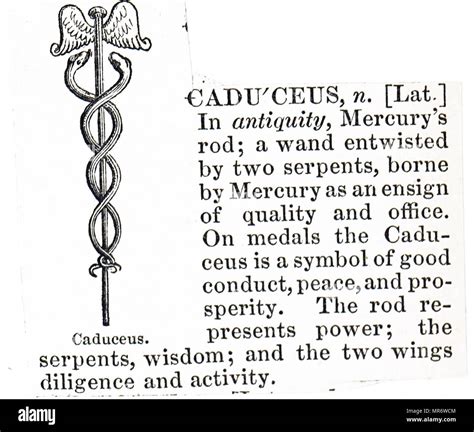 Engraving depicting the Staff of Hermes, also known as the caduceus, is ...