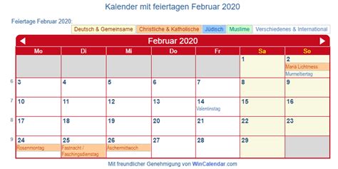 Resultado de imagen de kalender februar 2020 mit feiertagen