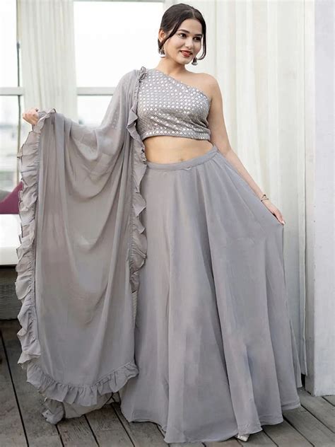 Buy Grey Sequinned Georgette Lehenga Set With Potli Online at Rs.2034 ...