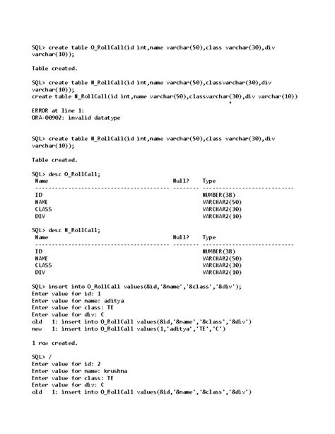 DBMS LAB 7 - Roll Call Table Creation and Data Insertion - Studocu
