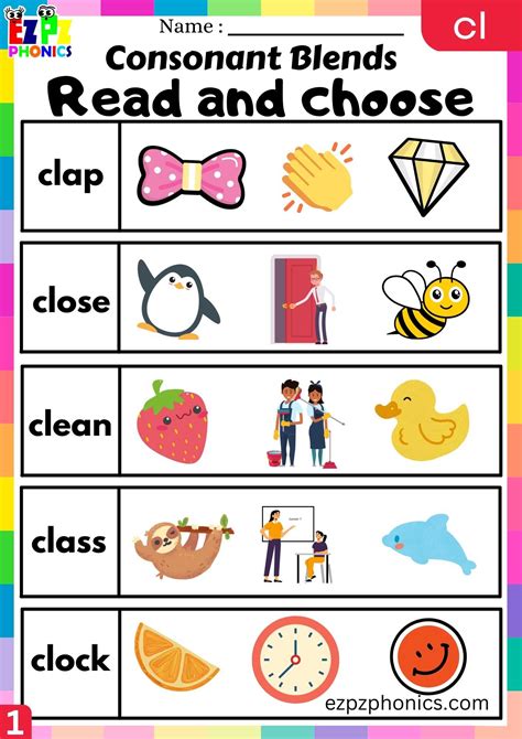 Group1 CL Words Read And Choose Phonics Consonant Blends Worksheet - ezpzphonics.com