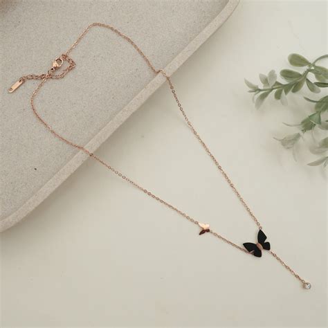 ROSE GOLD TONE ANTI TARNISH SHORT CHAIN - BLACK GOLD BUTTERFLIES