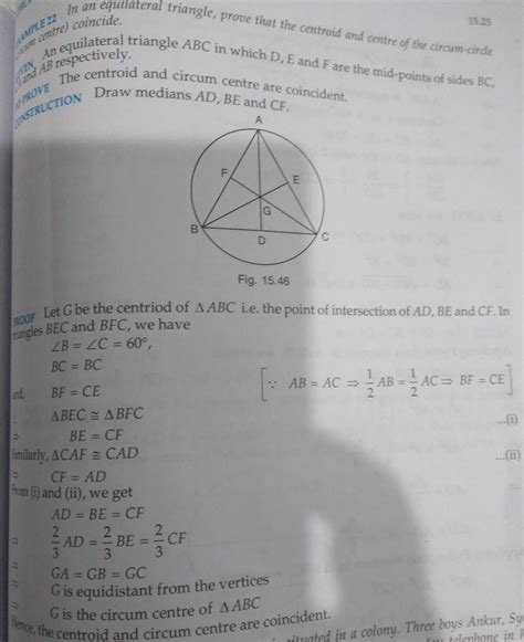 In an equilateral triangle prove that the centroid and centre of the ...