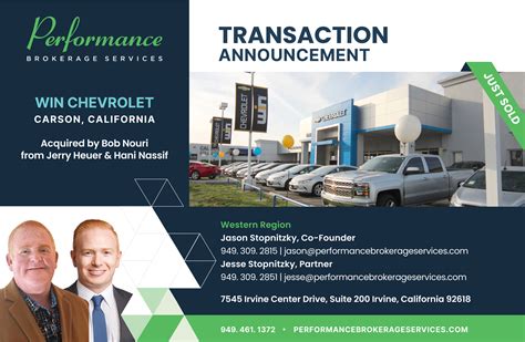 Win Chevrolet in Carson, California Sells to Bob Nouri | Performance Brokerage Services