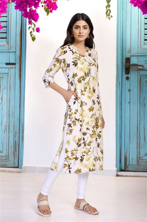 Buy Yellow Floral Print Buttons Straight Modal Kurta Online for Woman ...