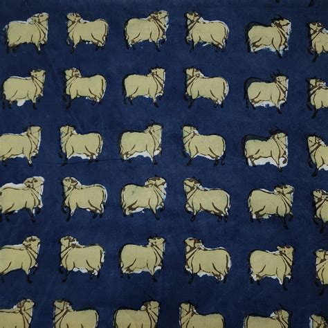 Pure Cotton Indigo With Yellow Green Moo Hand Block Print Fabric ...