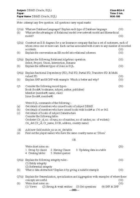 Sample/practice exam 2016, questions - Subject- DBMS (Oracle, SQL ...