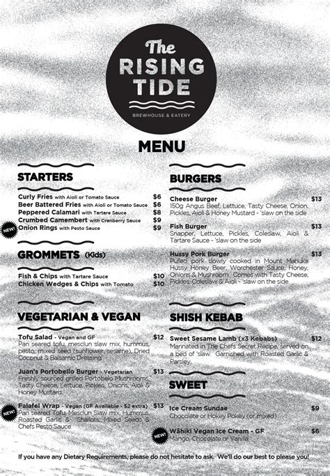 Menu at The Rising Tide restaurant, Tauranga