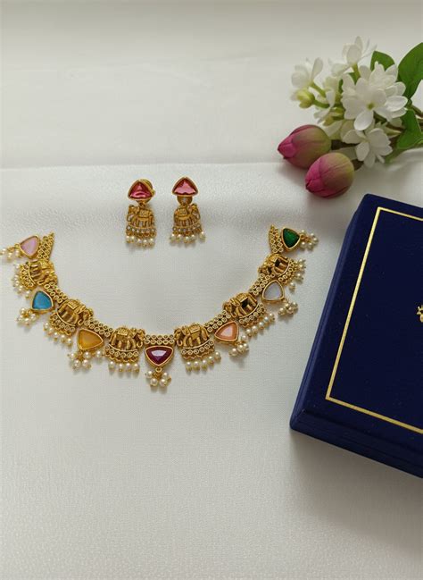 AD Elephant Pearl Drop Necklace Set – Paradise Jewllery