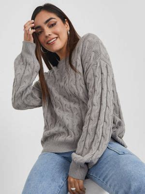 Buy Styli Grey Long Volume Sleeves Cable Knit Regular Fit Sweater (L ...