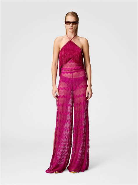 Zig zag lamé viscose jumpsuit with fringes Purple | Missoni