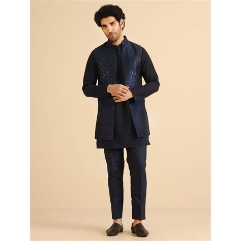 Buy KISAH Men Navy Blue Kurta and Jacket with Pant (Set of 3) Online