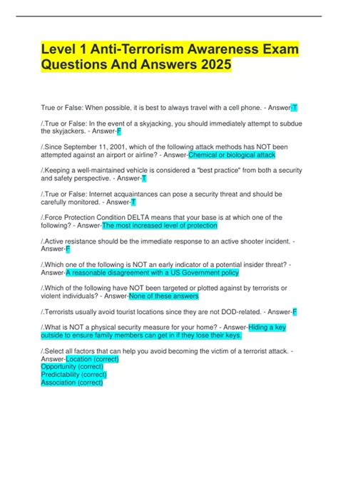 Level 1 Anti-Terrorism Awareness Exam Questions And Answers 2025 ...