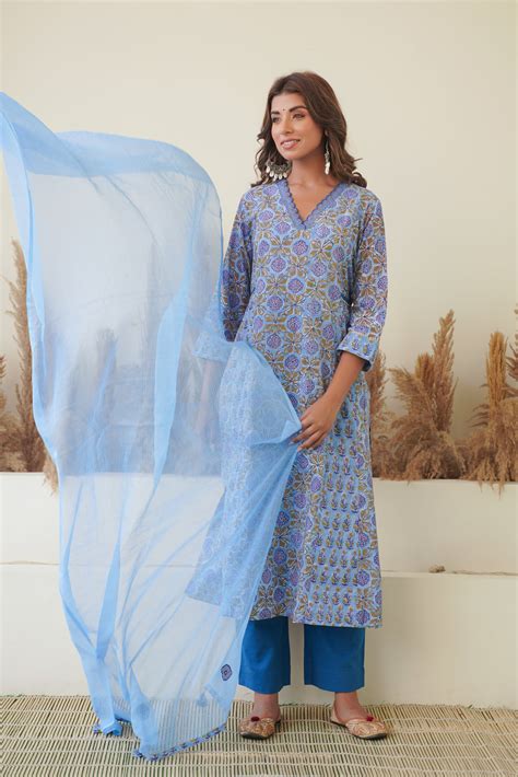 BLUE FLORAL BLOCK PRINT KURTA SET – Jaipuri Banno