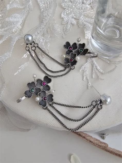 Binni's Wardrobe silver toned oxidised layered ear cuffs Price in India ...