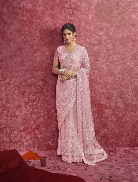 Blush Pink Embellished Net Saree