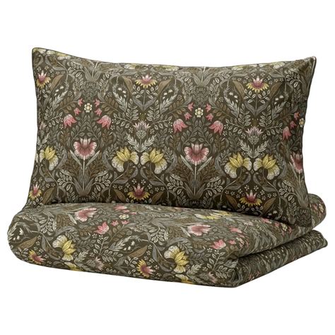 KÄRRDUNÖRT duvet cover and 2 pillowcases, dark green/multicolour ...