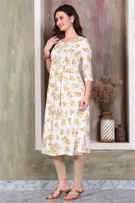 Buy White Floral Printed A-line Kurta with Zari Embroidery Online for ...