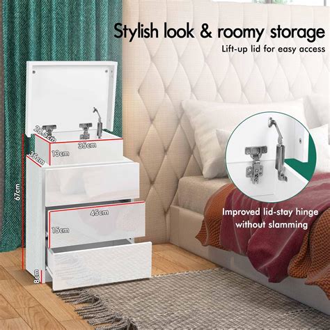 Buy ELFORDSON Bedside Table with 3 Drawers, 4 Sides High Gloss LED ...