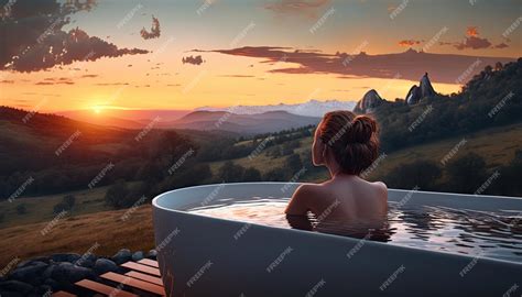 Premium AI Image | Young woman take bath outdoor at sunset girl rear view to nude back take ...