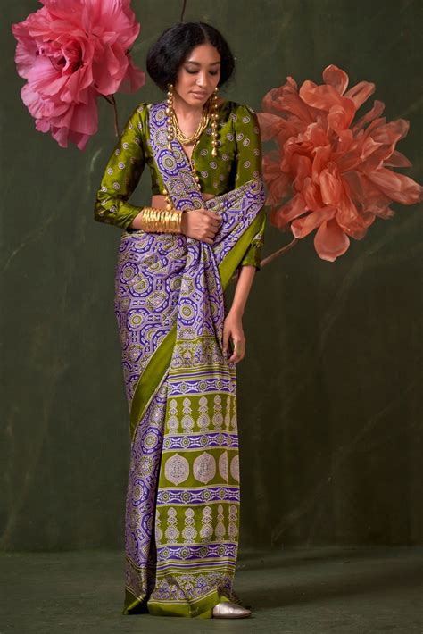 Veronica Purple and Green Ajrakh Printed Satin Crepe Soft Silk Saree ...