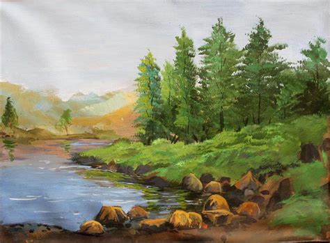 "Riverside": Green Acrylic Painting by Chandrashekhar P Aher – ArtZolo.com