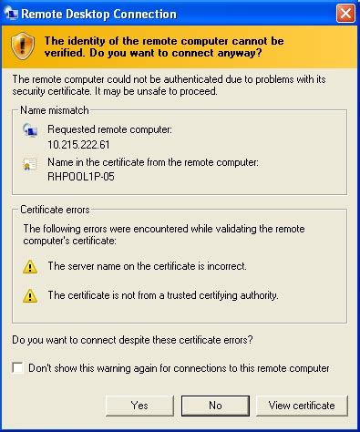 Remote desktop (RDP) name mismatch error when connecting to a Windows ...