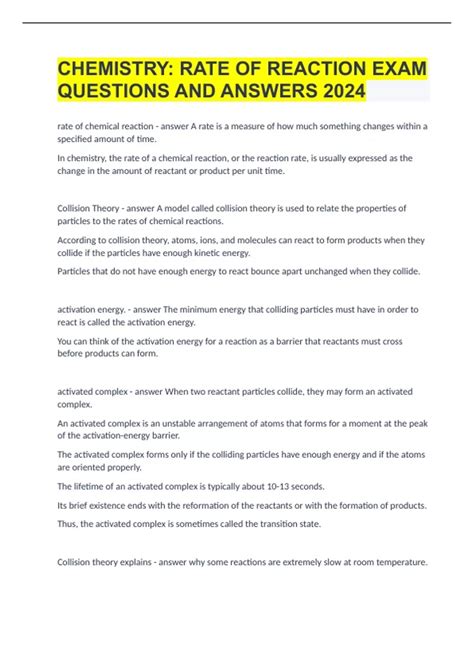 CHEMISTRY RATE OF REACTION EXAM QUESTIONS AND ANSWERS 2024 - Collision ...