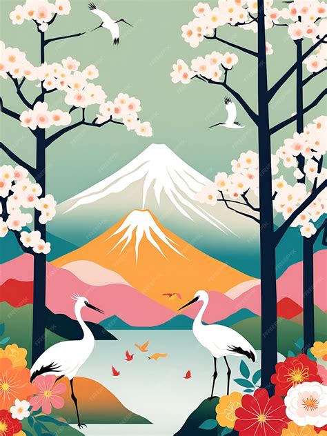 Traditional Japanese art style featuring Mount Fuji and white cranes ...