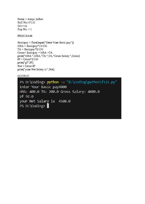 Python code...... - Name = Aarya Jadhav Roll No.=F Div=1A Exp No. = 1 ...
