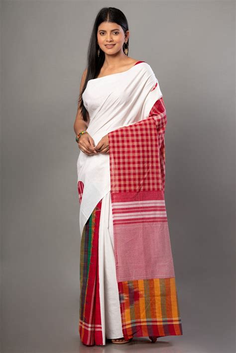 Buy White & Red Cotton Saree with Gamcha Checks | Anvi Couture