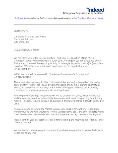 Job Offer Letter Template — Indeed - [ Company Logo Delete or Replace ...