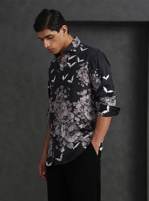 Sleek Black Slim Fit Tencel Shirt with Modern Print