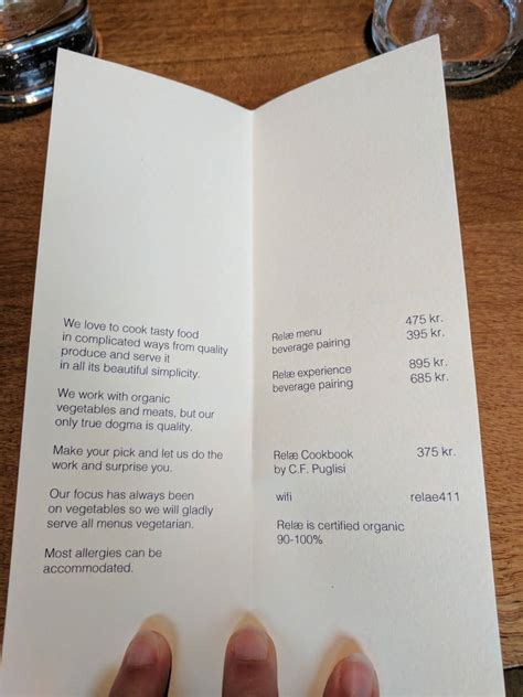Menu at Relae restaurant, Copenhagen, Jægersborggade 41