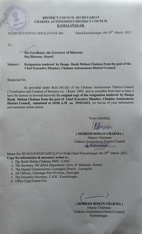Dg. Rasik Mohan Chakma tendered resignation from the post of Chief ...