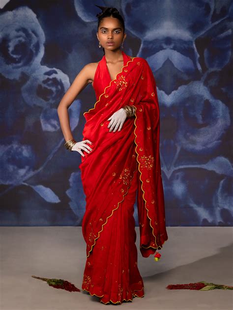 Red Hand Embroidered Chanderi Suit - Set of 3