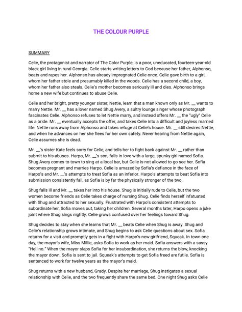 THE Colour Purple - summary - THE COLOUR PURPLE SUMMARY Celie, the ...