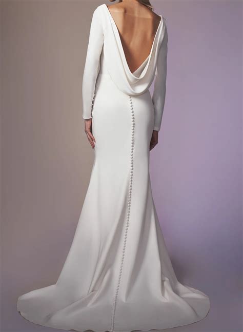 Cowl Back Elegant Long Sleeves Wedding Dresses With Mermaid Elastic Satin - Missacc