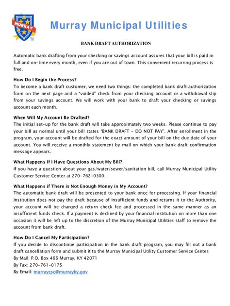 Fillable Online BANK DRAFT AUTHORIZATION - Murray, Kentucky Fax Email ...