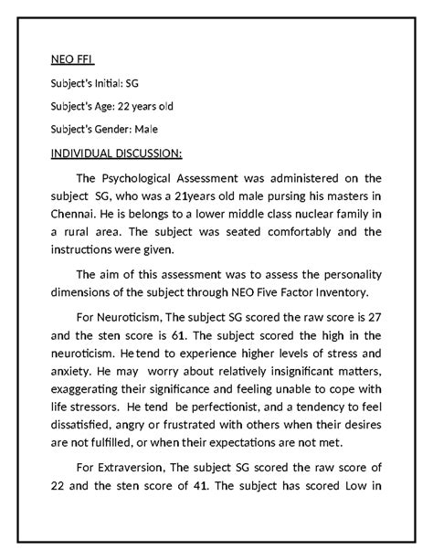 Observation 3 - NEO FFI Subject’s Initial: SG Subject’s Age: 22 years ...