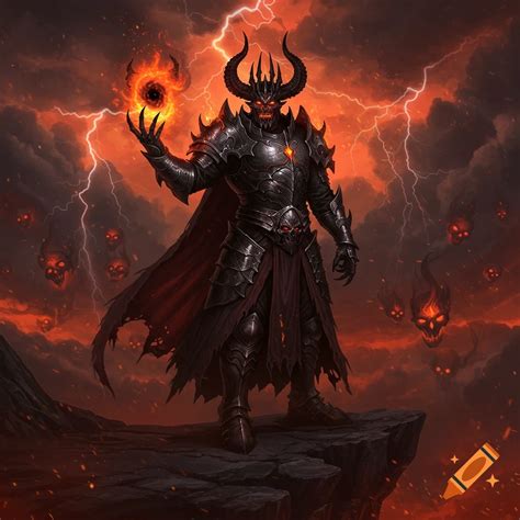 Horned dark sorcerer with fiery eyes and hands, wearing leather robes ...