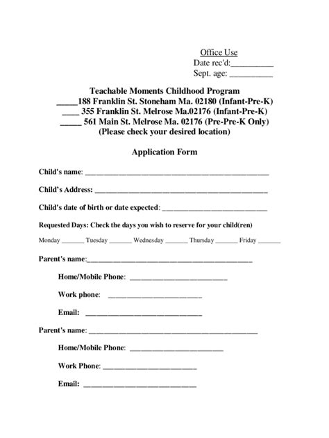 Fillable Online Application Form - Teachable Moments Childhood Fax ...