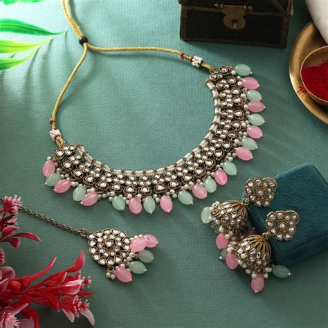Dual Tone Pink & Pista Green Color Kundan Necklace Set For Festive Loo ...