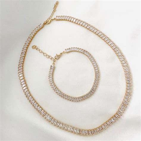 Baguette Tennis Necklace: Bridal Choker, Bracelet Jewelry Set - Etsy