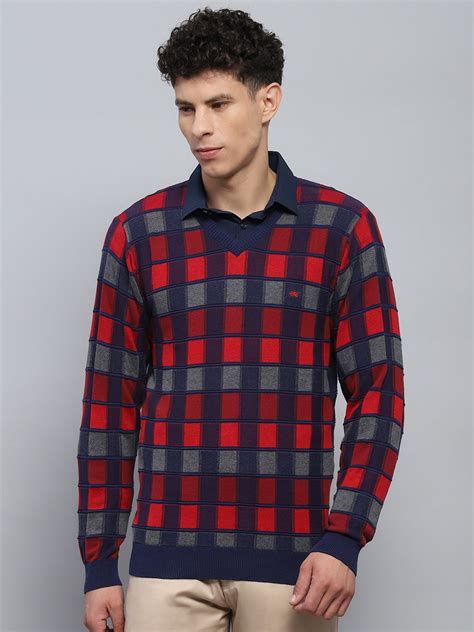 Buy Men Blue Check V Neck Full Sleeve Pullover Online in India - Monte ...