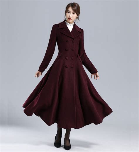 Burgundy Wool Coat, 1950s Long Wool Princess Coat, Wool Trench Coat ...
