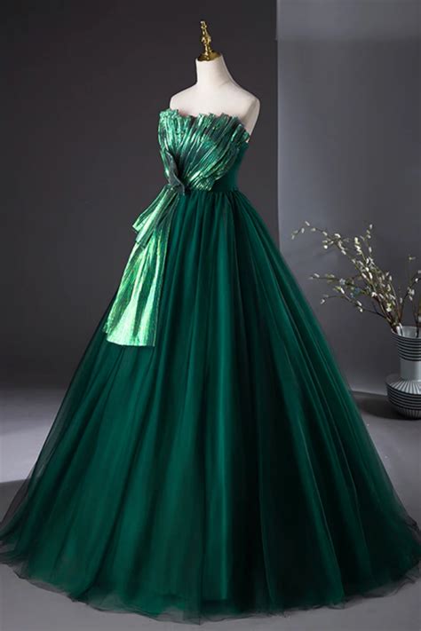 Dark Green Strapless Tulle Long Prom Dress, Beautiful A Line Formal ...