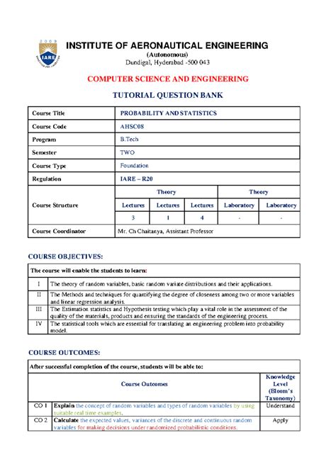 Probability and Statistics Question Bank - INSTITUTE OF AERONAUTICAL ...