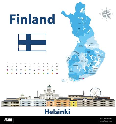vector illustration of Finland regions map with names and capital cities on it. Helsinki ...